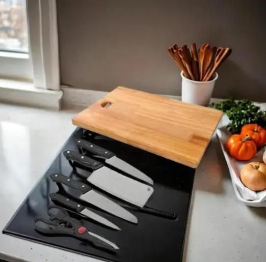 Wooden Chopping Board with 5-Piece Knife Set – Kitchen Essential Combo