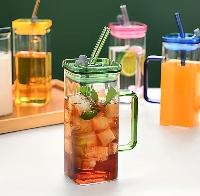 Square Glass with Lid & Straw – Reusable Party Jar (Pack of 1)