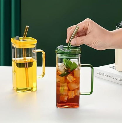 Square Glass with Lid & Straw – Reusable Party Jar (Pack of 1)