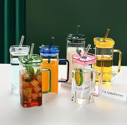 Square Glass with Lid & Straw – Reusable Party Jar (Pack of 1)